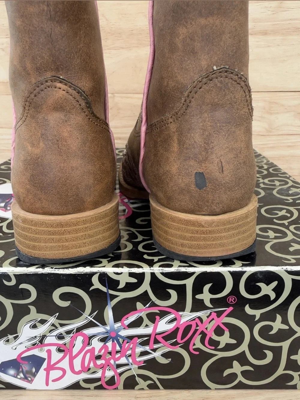 Roxy Brown Leather Kids Cowboy Boots with Pink Cross Accents